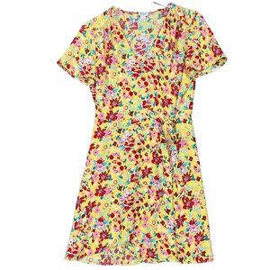 J Crew Dress Womens 8 Yellow Red Pink Floral Wrap Flutter Short Sleeve V-Neck‎